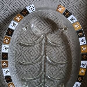 Vtg MCM Inland Glass Tree Of Life Gold/Black  Meat/ Fish Platter W/ Legs